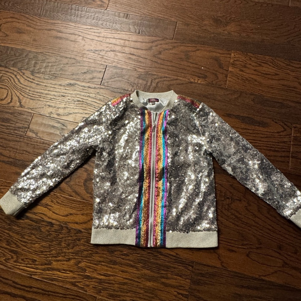 Silver Sequin Jacket with Rainbow Stripes from jojos closet girls size 10-12